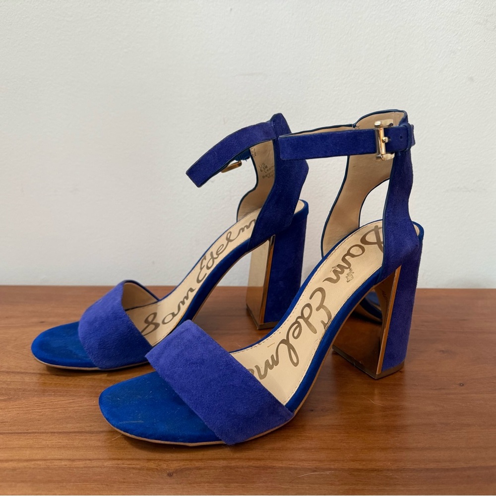 Sam Edelman Royal Blue Suede Block Heels with Gold Accents